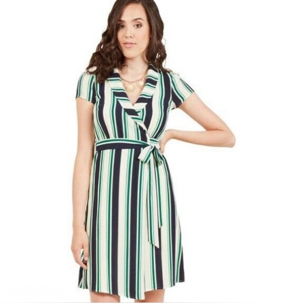 Modcloth Short Sleeve Folded Collar Blue & Green Vertical Stripe True Wrap Dress